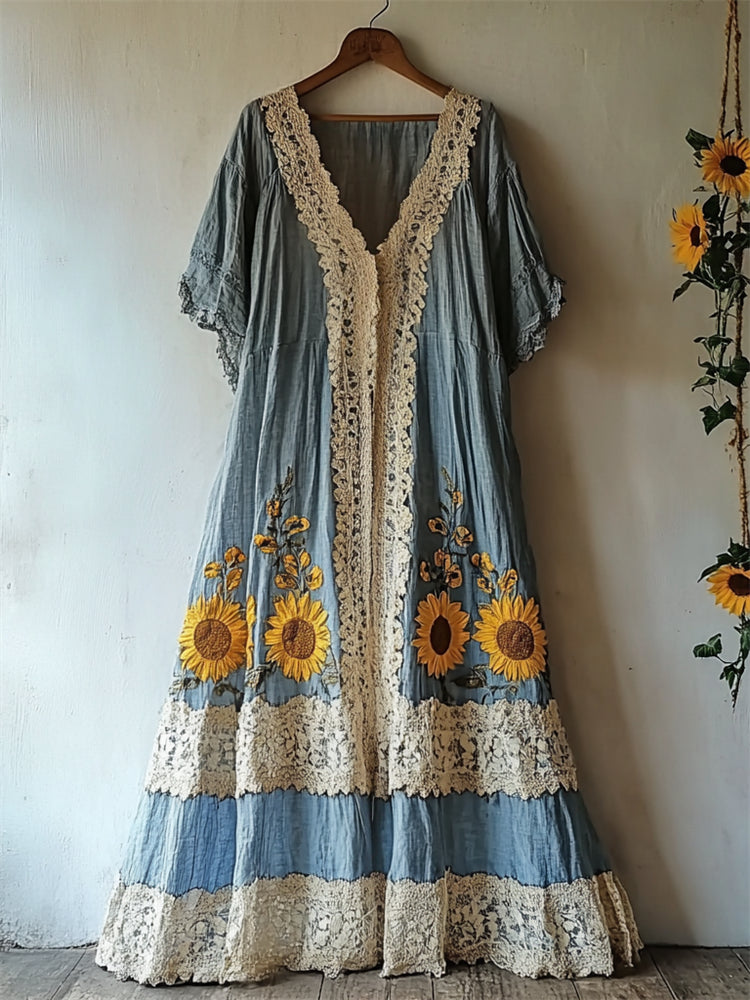 Boho Sunflowers Embroidered Lace Hem Flowy Linen Dress elevenforest