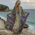 Women's Vintage Floral Rose Heart Embroidery Art V-neck Kaftan elevenforest