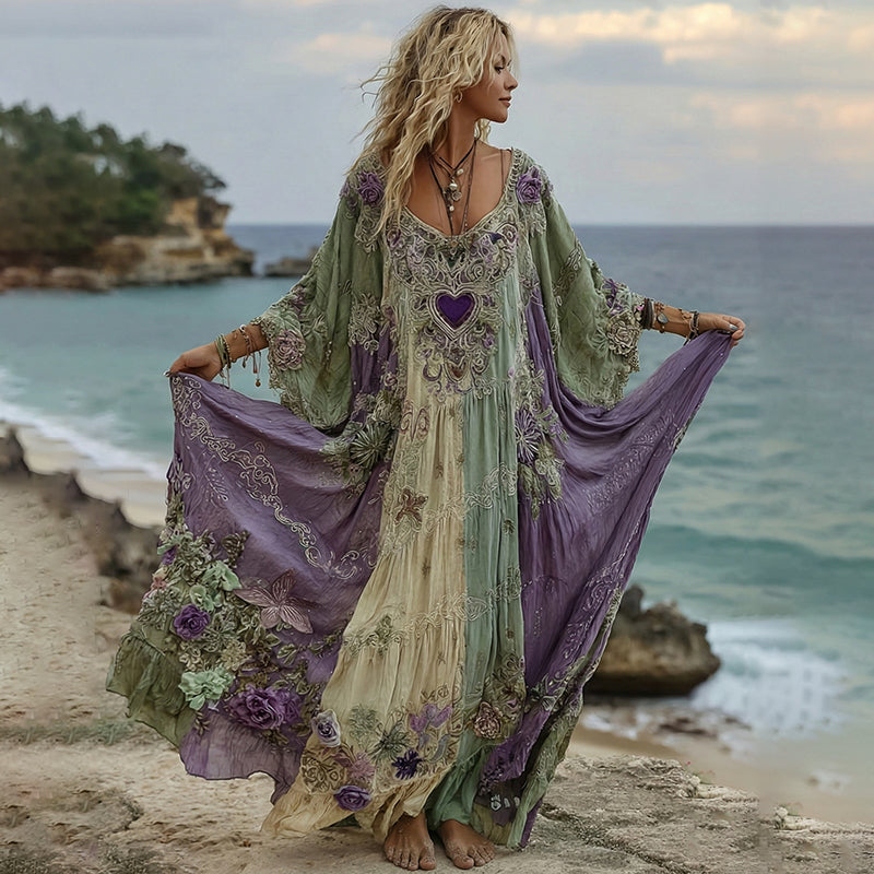 Women's Vintage Floral Rose Heart Embroidery Art V-neck Kaftan elevenforest