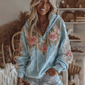 Women's Vintage Blue Rose Embroidery Zipper Cozy Hooded elevenforest