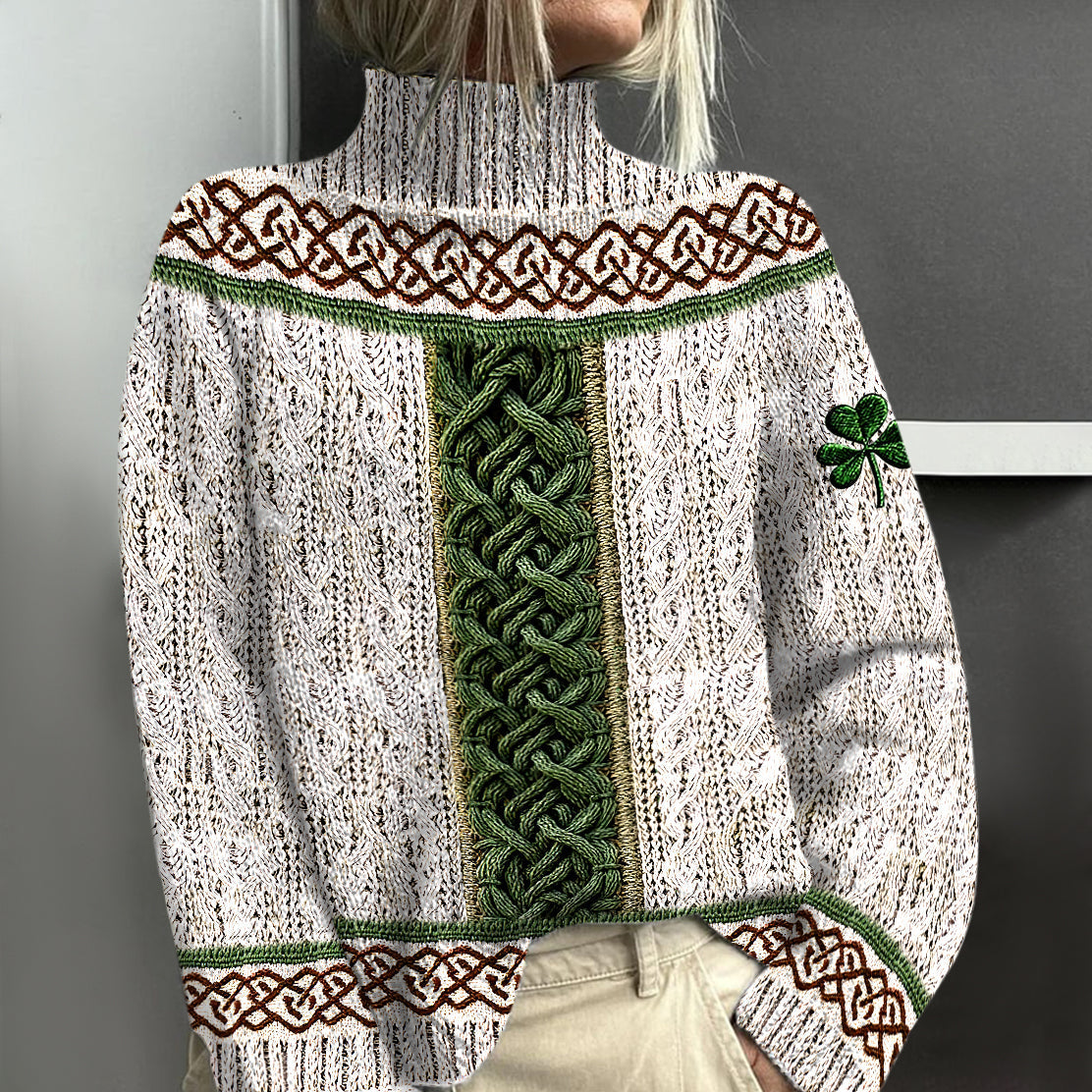 Women's Irish Celtic Knot Shamrock Contrast Jacquard Turtleneck Sweater elevenforest