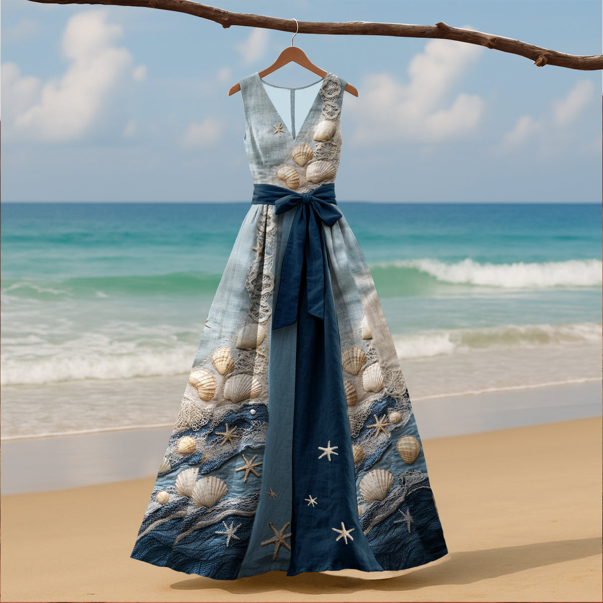 Women's Vintage Ocean Starfish Shell Art Linen Tank Dress elevenforest