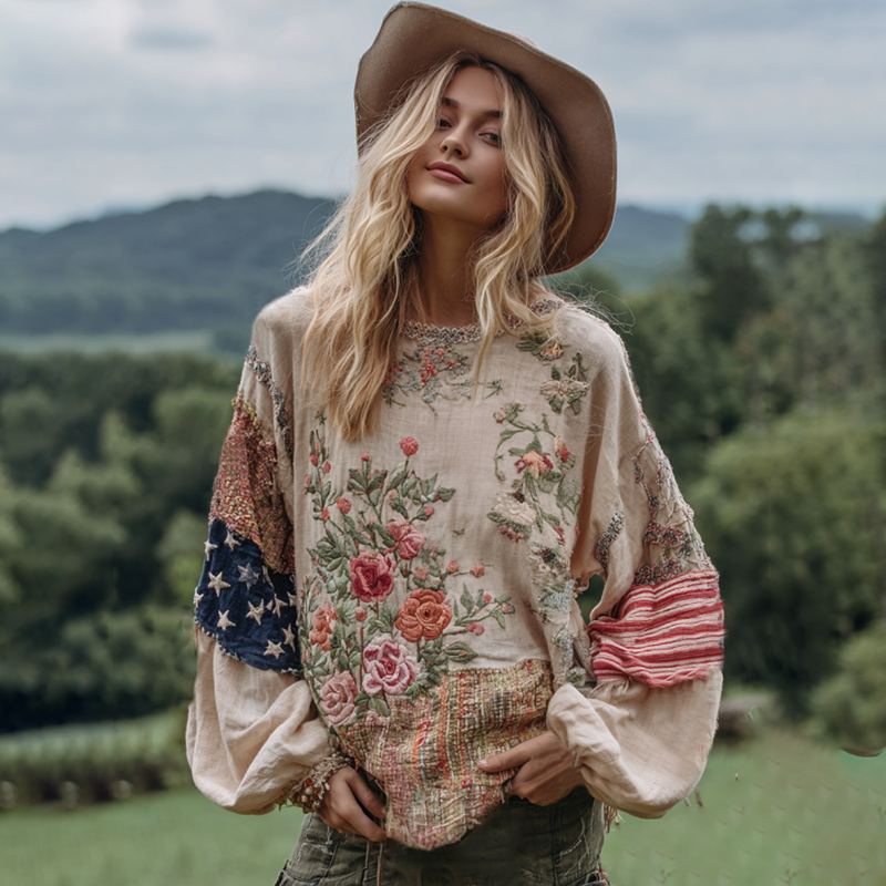 Western Cowboy Style American Flag Floral Patchwork Vintage Linen Long Sleeve Shirt In The Countryside elevenforest
