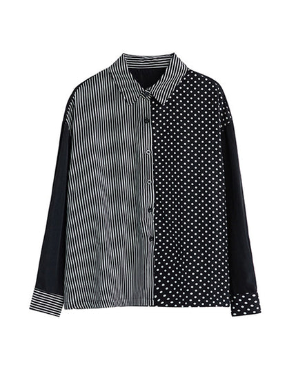 Loose Oversize Striped Polka-dot Split-joint Blouse Top A-line Skirt Bottom Two Pieces Set