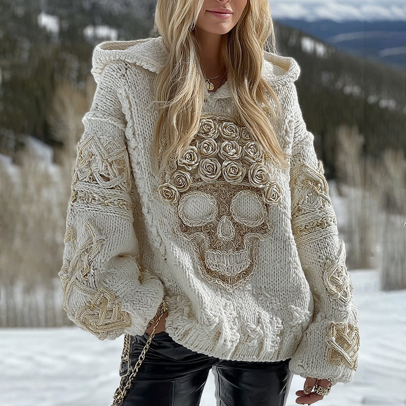 Women's White Rose Skull Comfortable Loose Solid Color Hooded Sweater elevenforest