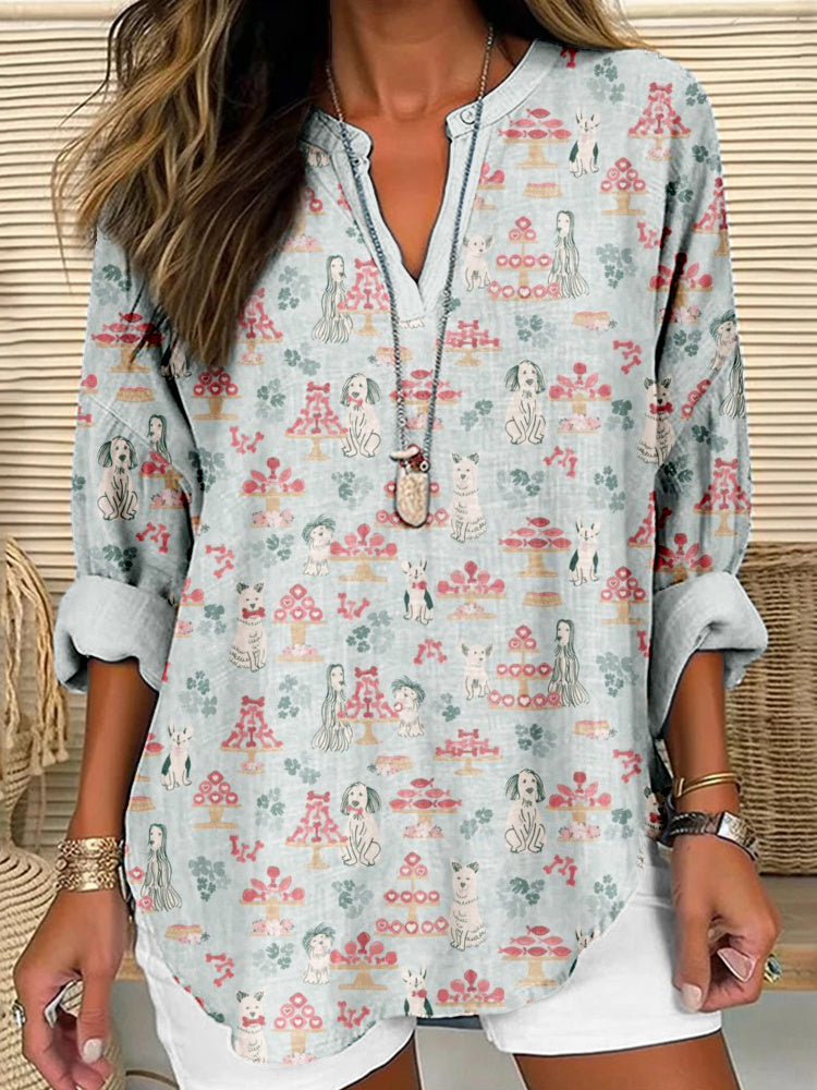 Comstylish Funny Dog Buffet Pattern Linen Blend Cozy Tunic