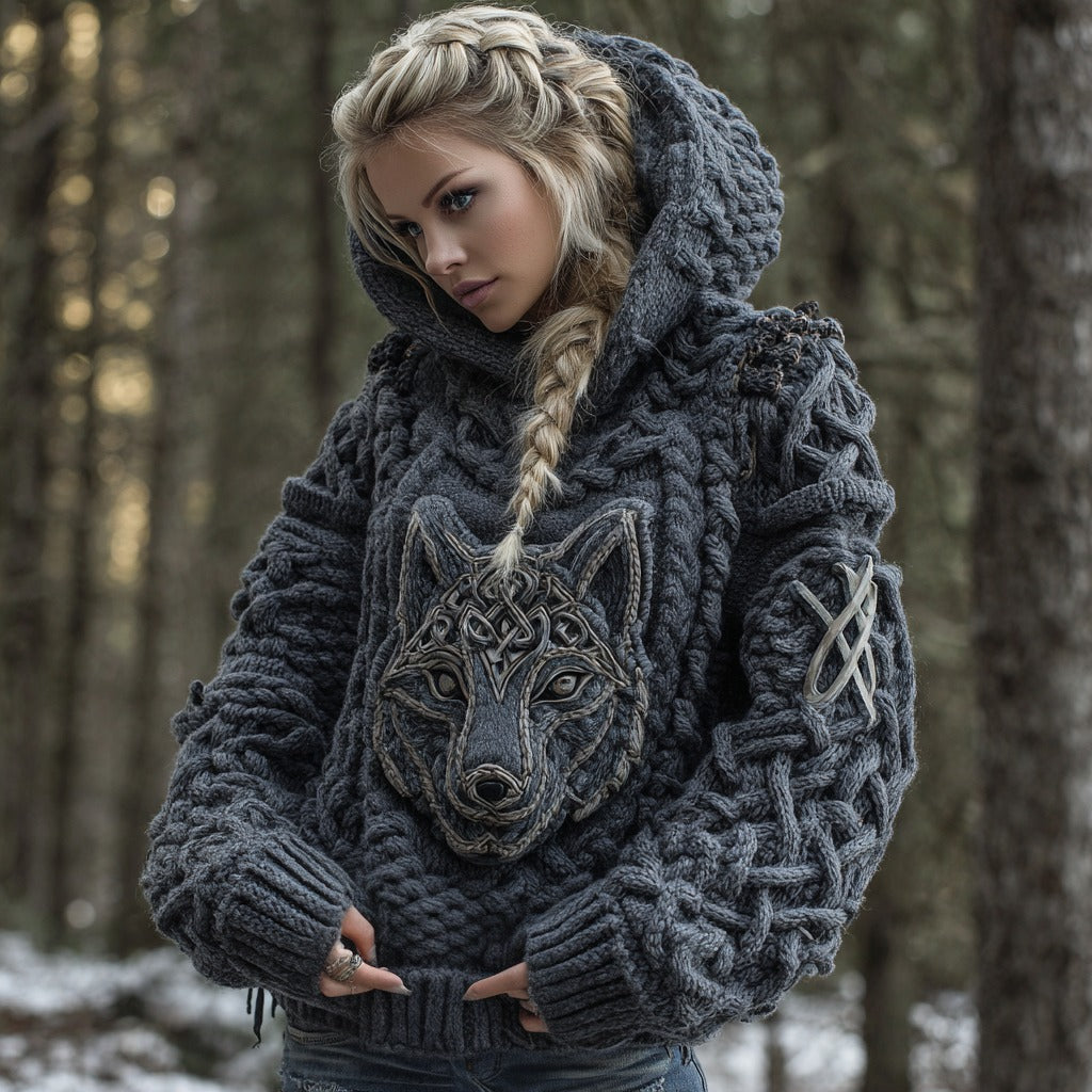 Women's Viking Celtic Wolf Knit Jacquard Warm Hooded Sweater elevenforest