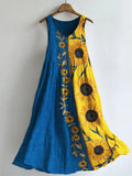 Vintage Boho Sunflowers Embroidered Contrast Patchwork Linen Dress elevenforest
