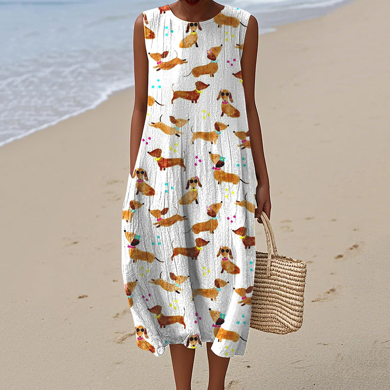 Women's  Dachshund Dog Art Print Linen Tank Midi Dress elevenforest
