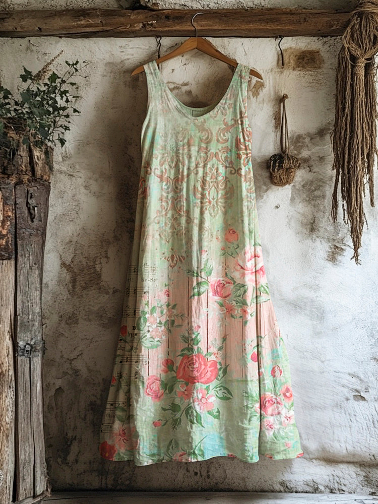 Vintage Floral Print Women's Linen Vest Dress elevenforest
