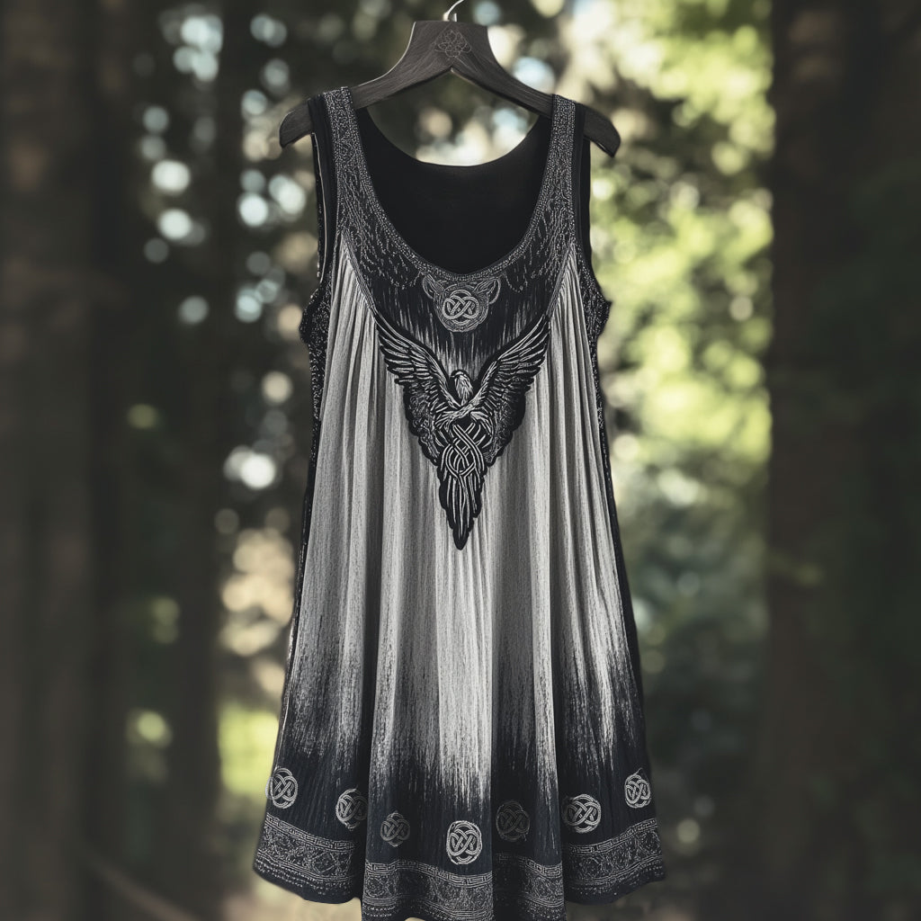 Vintage Mystical Viking Raven Embroidered Linen Tank Dress elevenforest