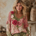 Women's Vintage Floral Art V-neck Shirt elevenforest