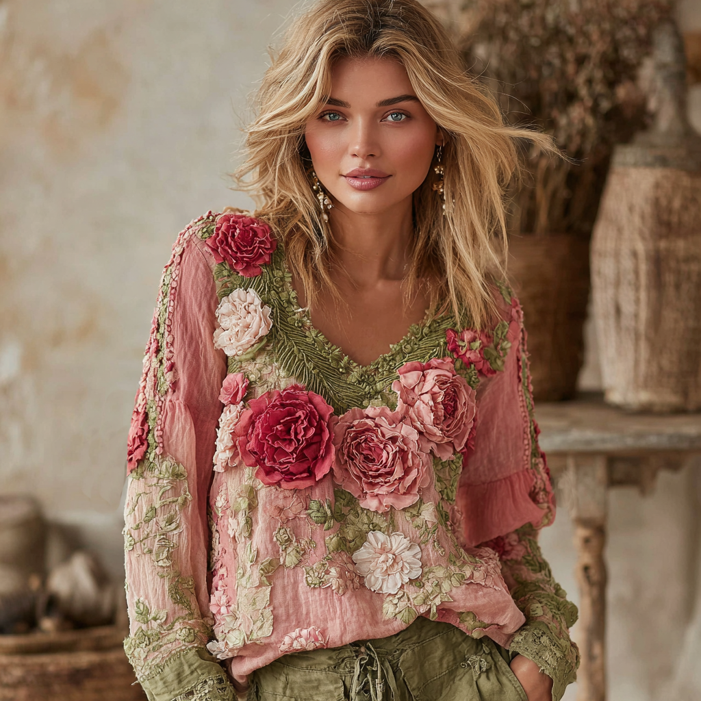 Women's Vintage Floral Art V-neck Shirt elevenforest
