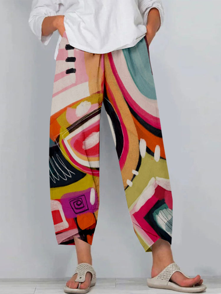 Colorful Abstract Graphic Linen Blend Cropped Casual Pants elevenforest