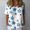 Comstylish Women's Watercolor Sea Turtle Crawling Pattern Print Linen Blend T-shirt