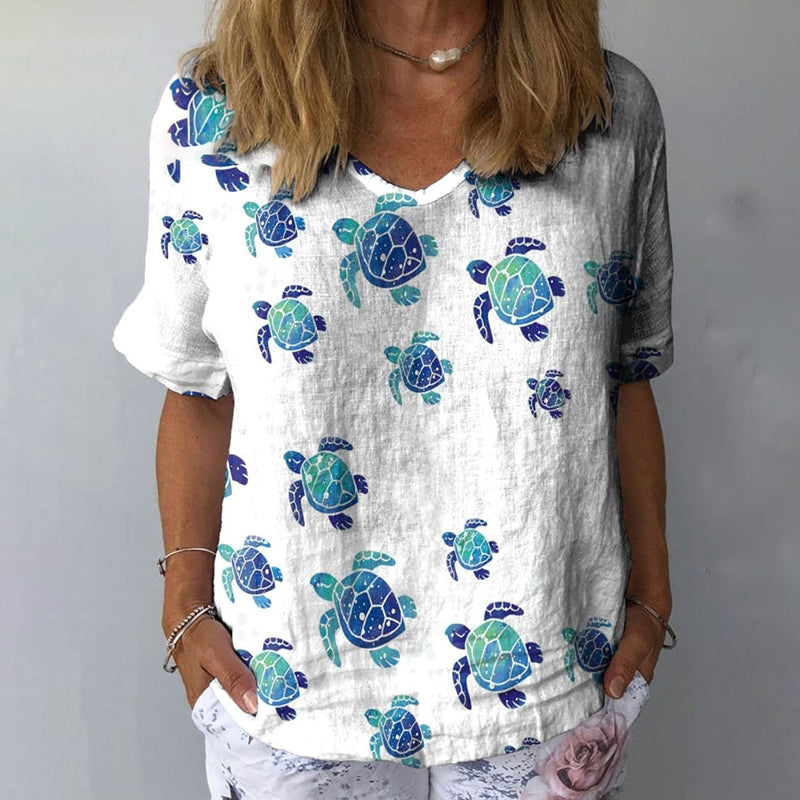 Comstylish Women's Watercolor Sea Turtle Crawling Pattern Print Linen Blend T-shirt