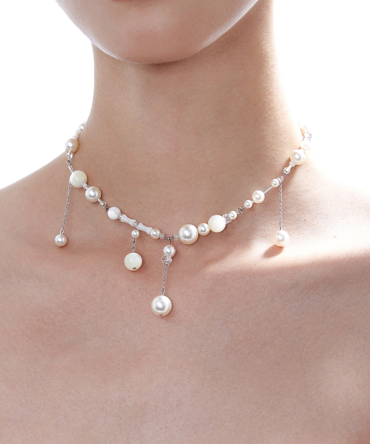 Stylish White Tassel Pearl Adjustable Silver Choker