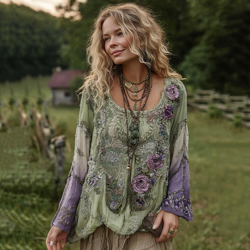 Vintage Purple Lavender And Floral Embroidered Linen Long Sleeve Shirt elevenforest