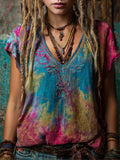 Bohemian Style Personalized Tie-dye Embroidered V-neck Batwing Sleeve Top elevenforest