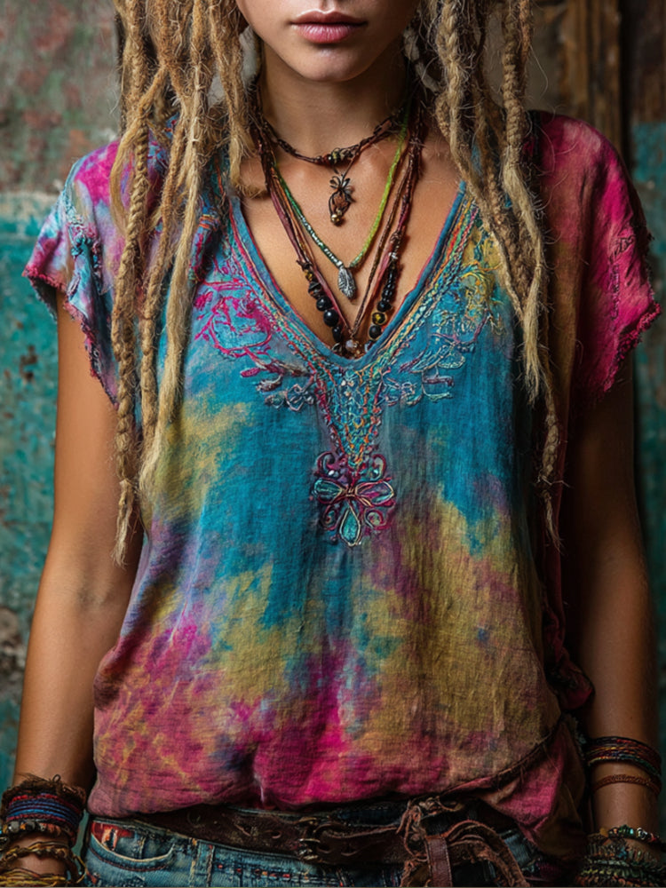 Bohemian Style Personalized Tie-dye Embroidered V-neck Batwing Sleeve Top elevenforest