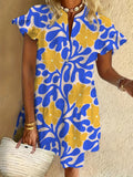 Flower Ruffled Short-sleeved V-neck Buttoned Dress Vacation Beach Dress