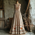 Boho Floral Embroidered Linen V Neck Maxi Dress elevenforest