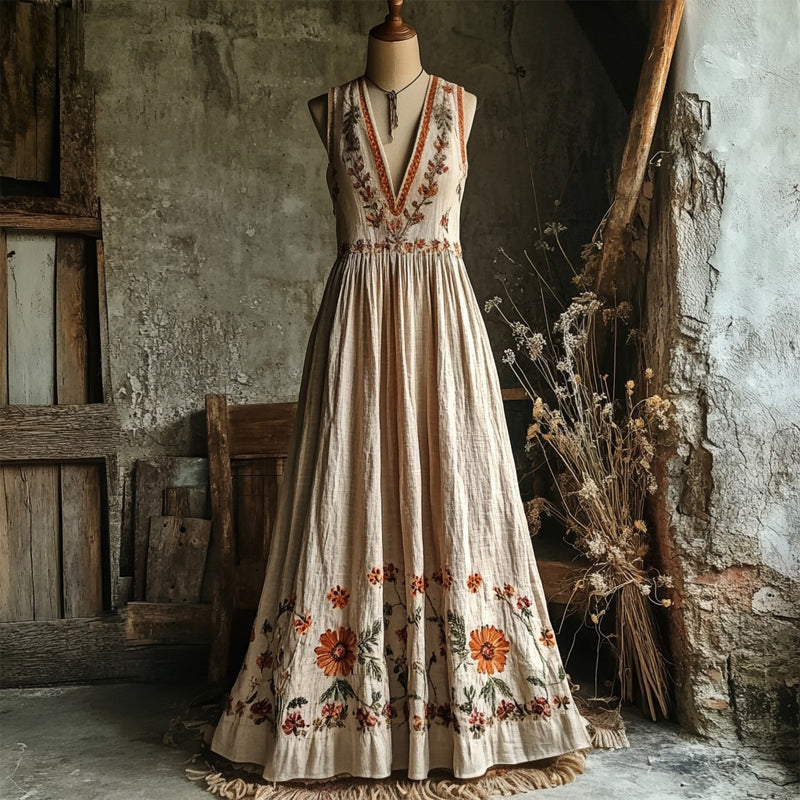 Boho Floral Embroidered Linen V Neck Maxi Dress elevenforest