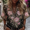 Women's Vintage Romantic Pink Rose Embroidery Art Comfy Linen Shirts elevenforest