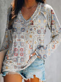 Women's Ethnic Tattoo Art Print V-Neck Long Sleeve Top