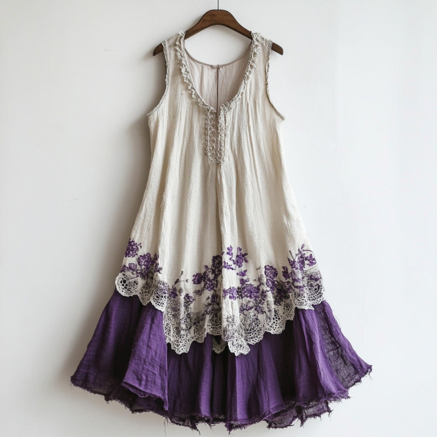 Vintage Lace Floral Embroidery Patchwork Art Tank Midi Dress elevenforest