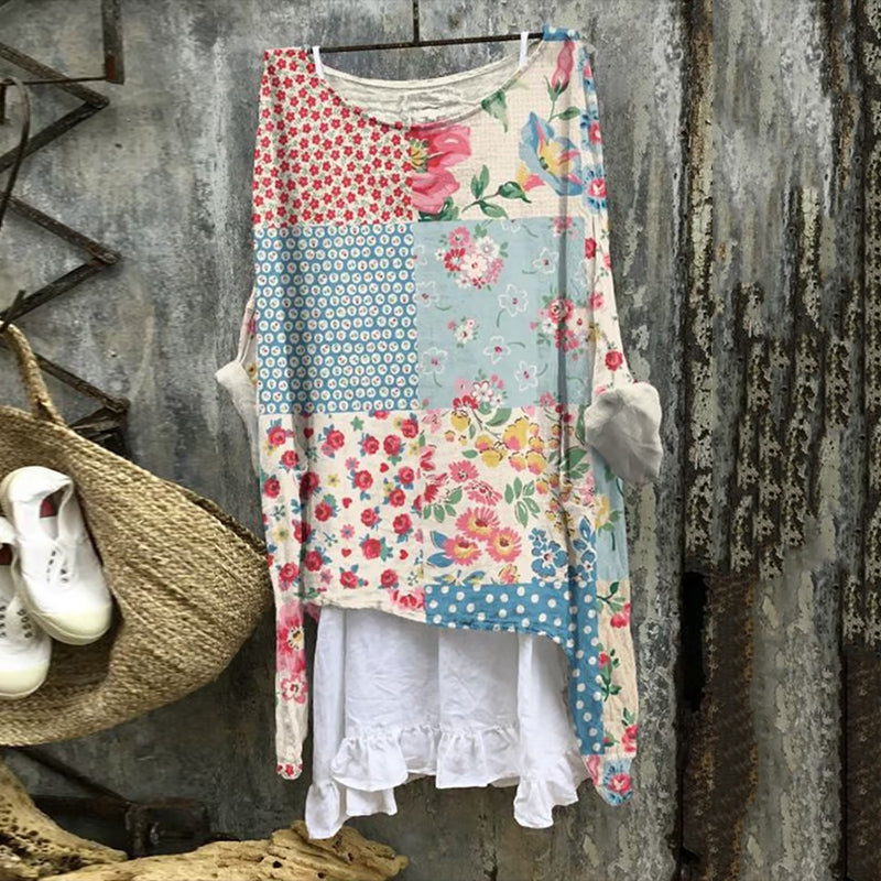 Flower Patchwork Painting Art Flowy Tunic elevenforest