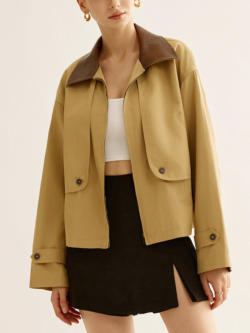 Contrast-collar Zipper Trench Coat