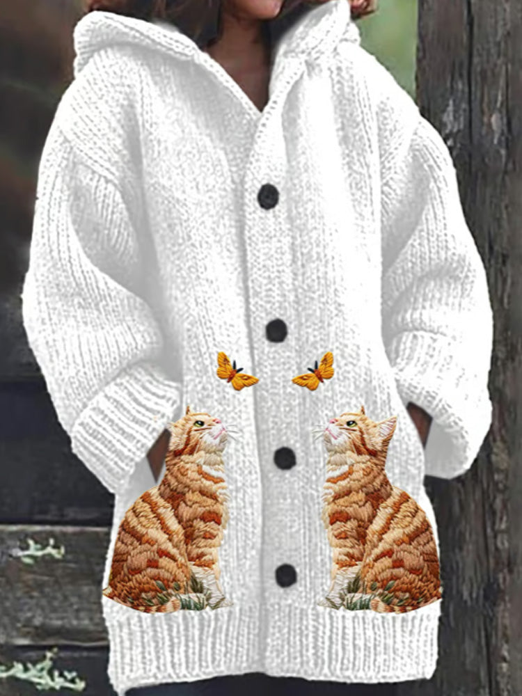 Women's Cute Cat Butterfly Print Loose Casual Sweater Hooded Jacket elevenforest
