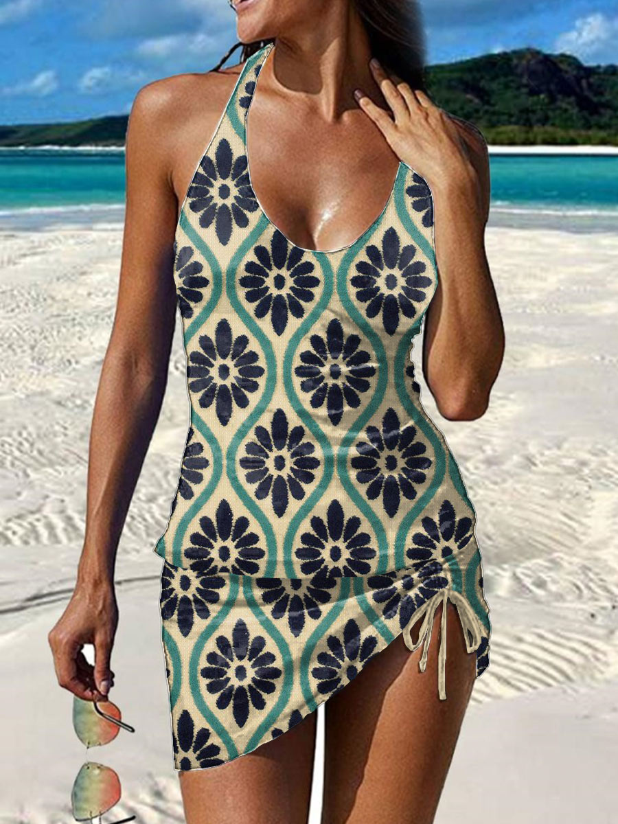 Vintage Floral Print Pleated Drawstring V-neck Tankini Pantskirt Set Swimsuit