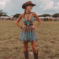 Women's Vintage Paisley Print V-neck Suspender Mini Dress elevenforest