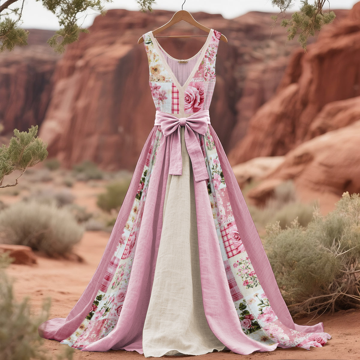 Women's Vintage Flowers Art V Neck Midi Dress elevenforest