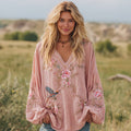 Women's Bohemian Pink Floral And Birds V-neck Long-sleeved T-shirt elevenforest