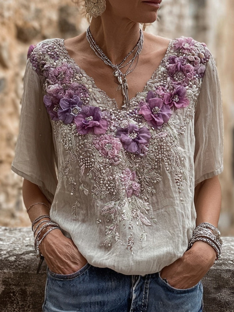 Vintage Purple Flowers Embroidered Short Sleeve Linen Shirt elevenforest