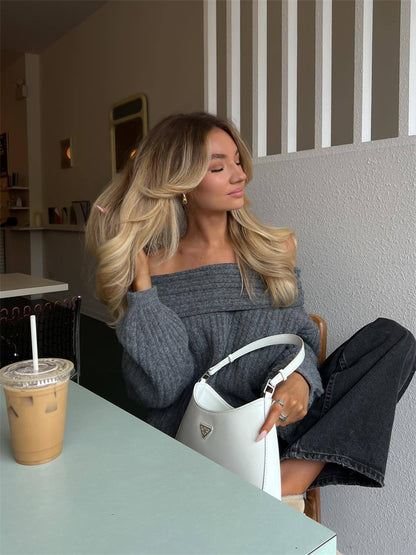 Tossy Off-shoulder Knit Sweater Pullover for Slim High Street Loose Patchwork Camisola Knitwear Top