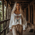 Bohemian Floral Embroidered Linen Blend Loose Blouse elevenforest