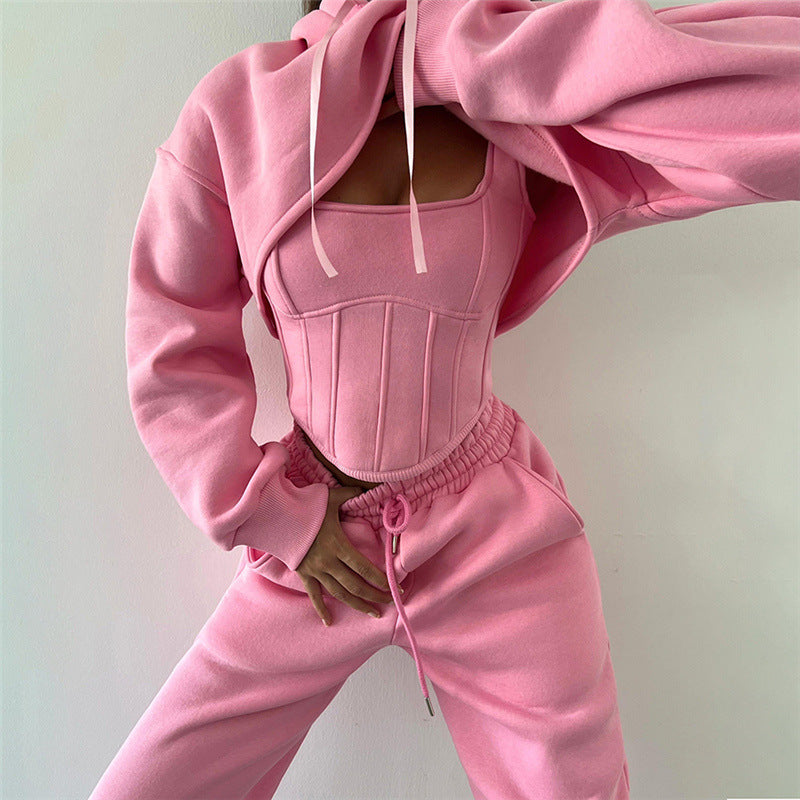 Autumn Winter Hooded Sweater Blouse Camisole Waist Pants Three Piece Set for