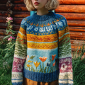 Comstylish Retro Country Style Design Women's Round Neck Knit Sweater