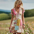 Women's Vintage Floral Patch Art Linen Comfy Midi Dress elevenforest