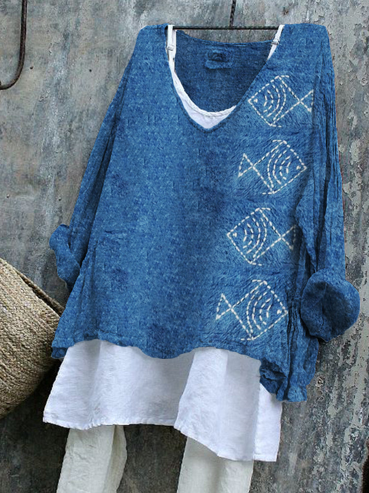 Fish Japanese Geometric Embroidered Linen Blend Tunic elevenforest