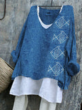 Comstylish Fish Japanese Geometric Embroidered Linen Blend Tunic