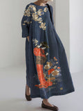 Elegant Japanese Geisha with Flowers Art Linen Blend Maxi Dress elevenforest