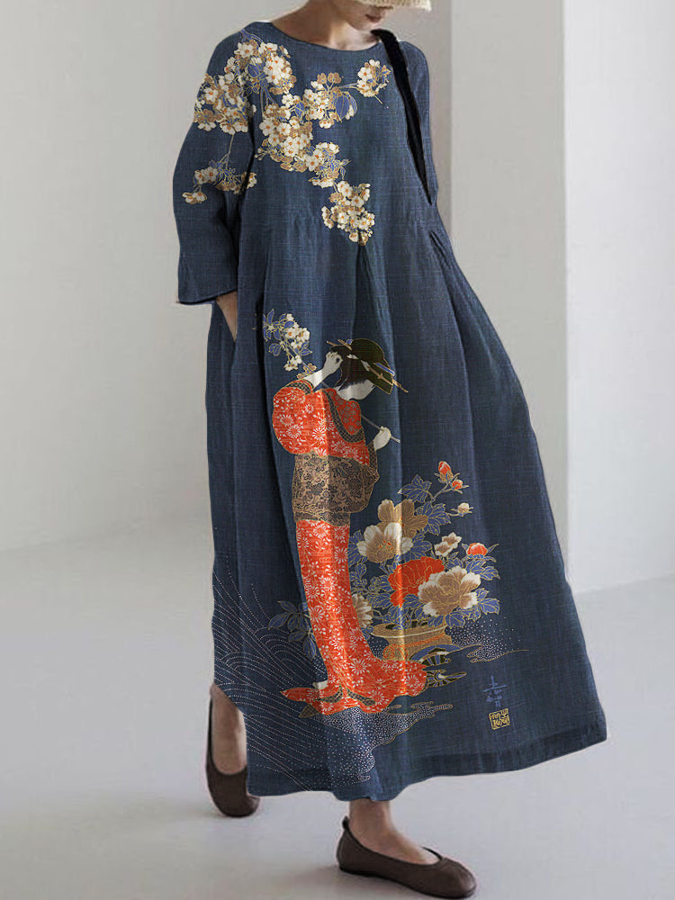 Elegant Japanese Geisha with Flowers Art Linen Blend Maxi Dress elevenforest
