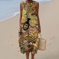Women's Beaded Flower Bee Art Print Crew Neck Tank Midi Dress elevenforest