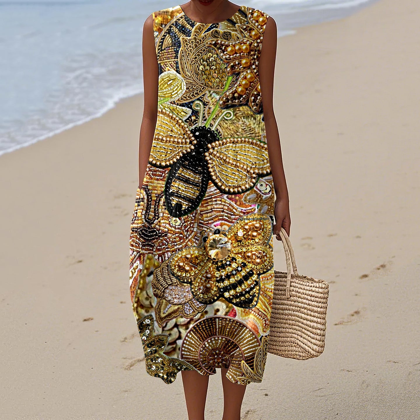 Women's Beaded Flower Bee Art Print Crew Neck Tank Midi Dress elevenforest