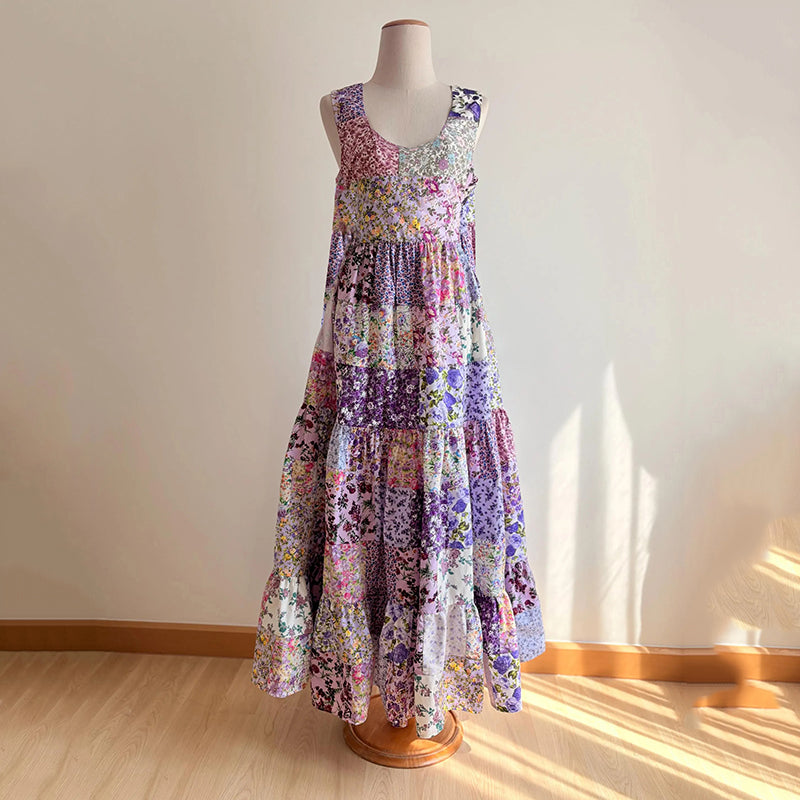 Women's Purple Floral Patchwork Art Cotton And Linen Dress elevenforest